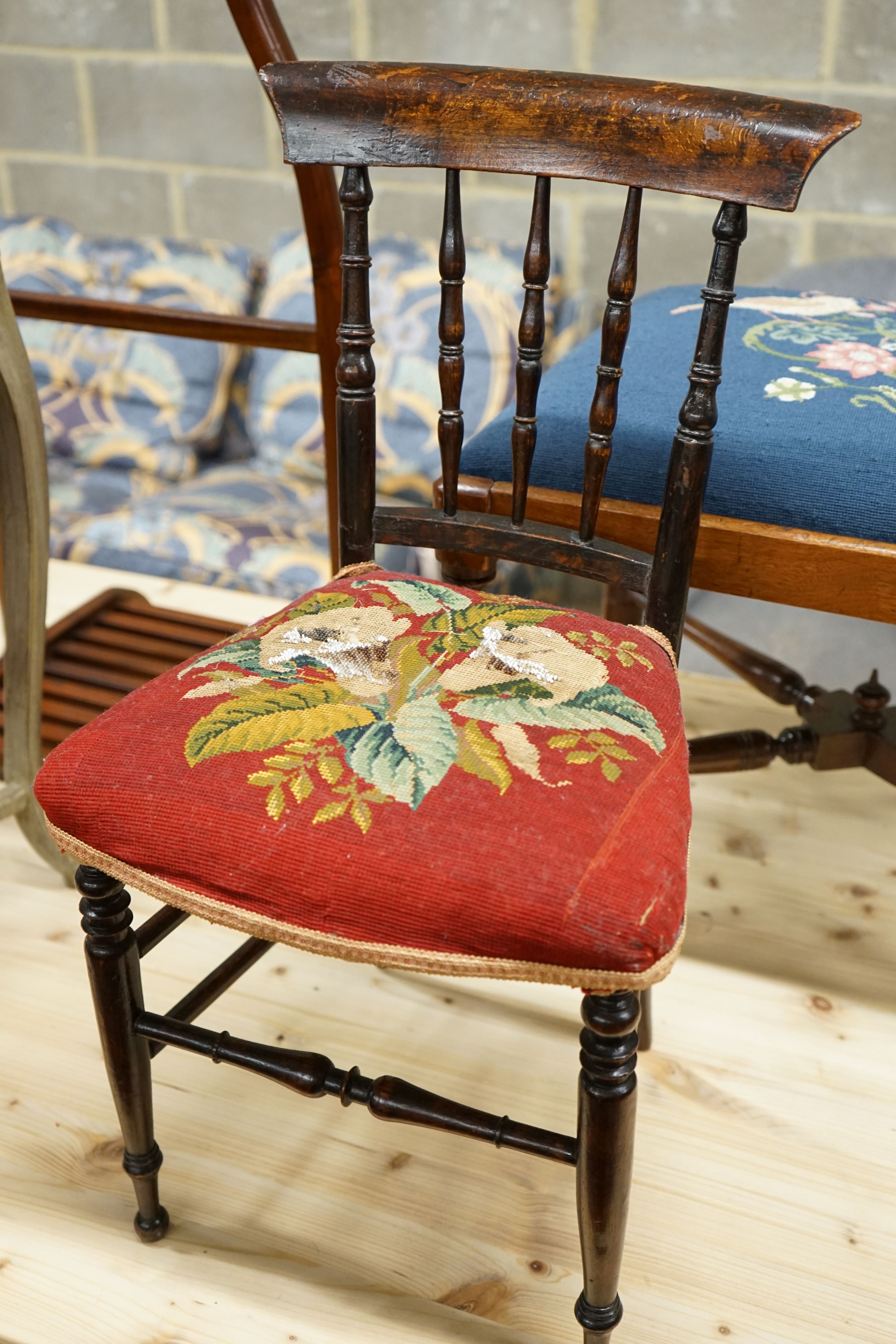 A Louis XVI design painted caned beech child's high chair together with a Victorian beech child's chair with remnants of a beadwork seat